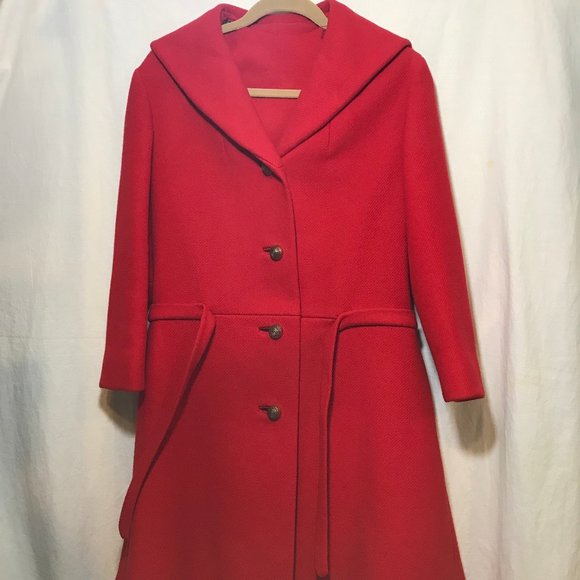 Vintage Jackets & Blazers - Vintage Woman's Bright Red Peacoat Jacket GUC Retro Pleated Skirt Attached Belt